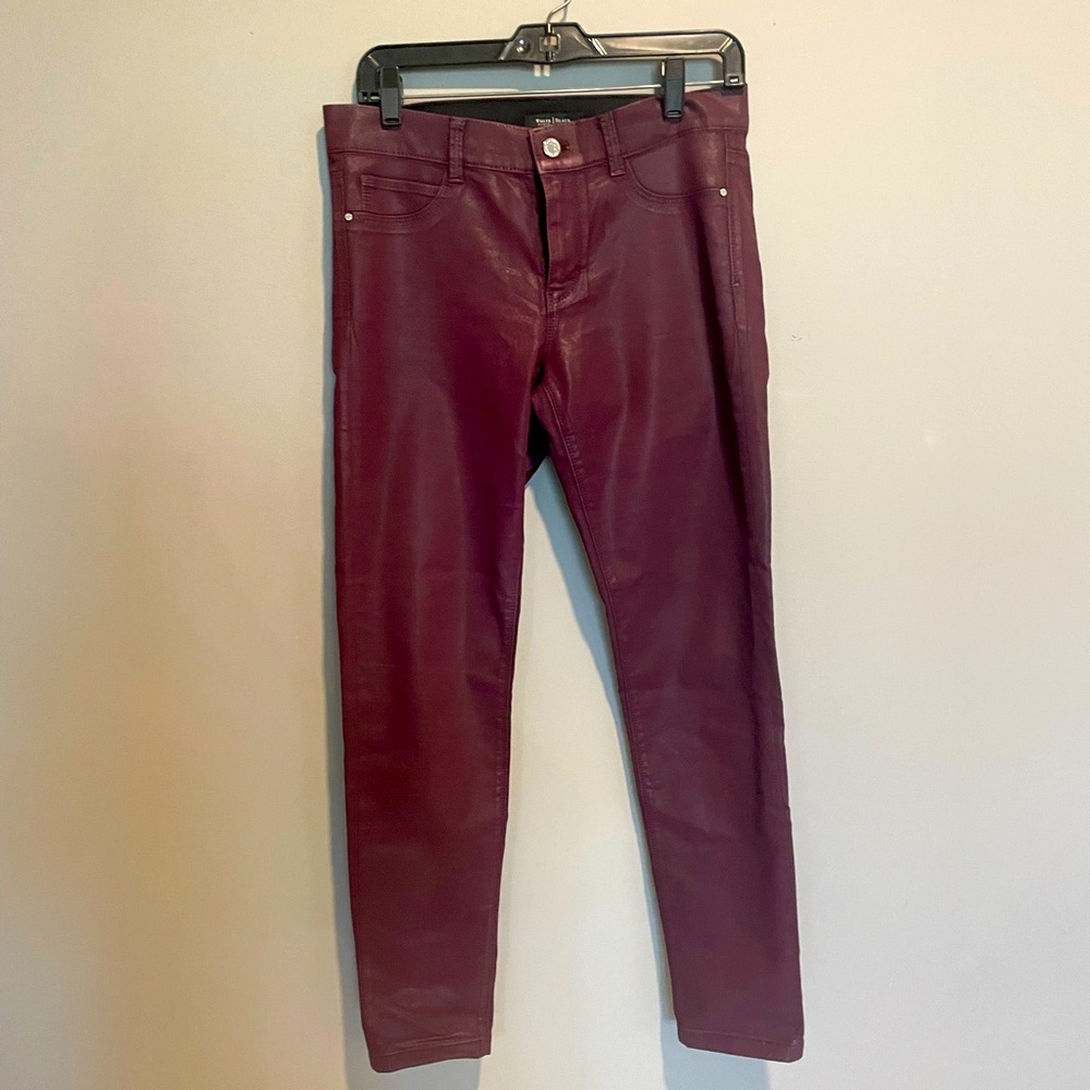 WHBM High rise coated skinny jeans, color:black cherry.  NWOT